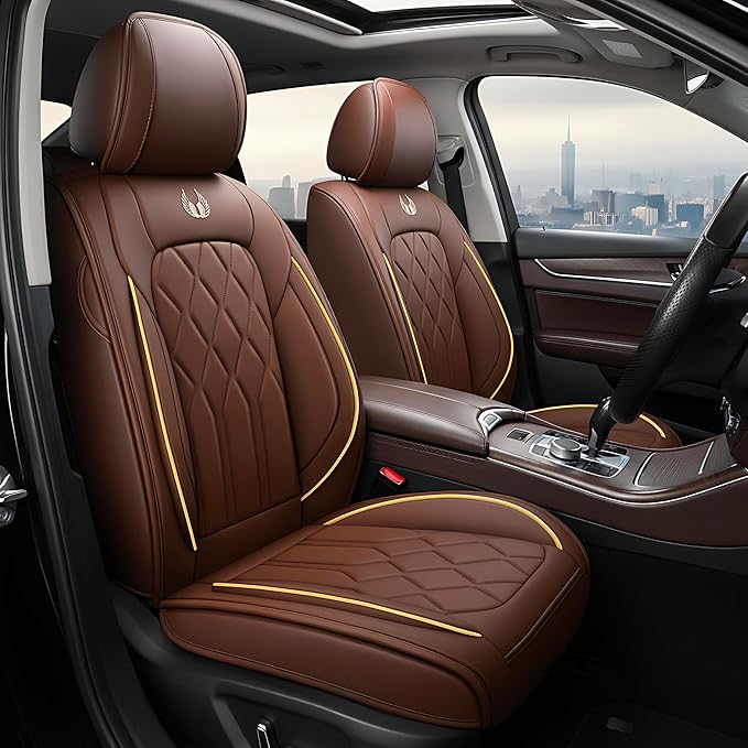 OASIS AUTO Car Seat Covers Full Set Premium Waterproof Faux Leather Cushion Universal Accessories Fit SUV Truck Sedan Automotive Vehicle Auto Interior Protector (OS010-Brown)