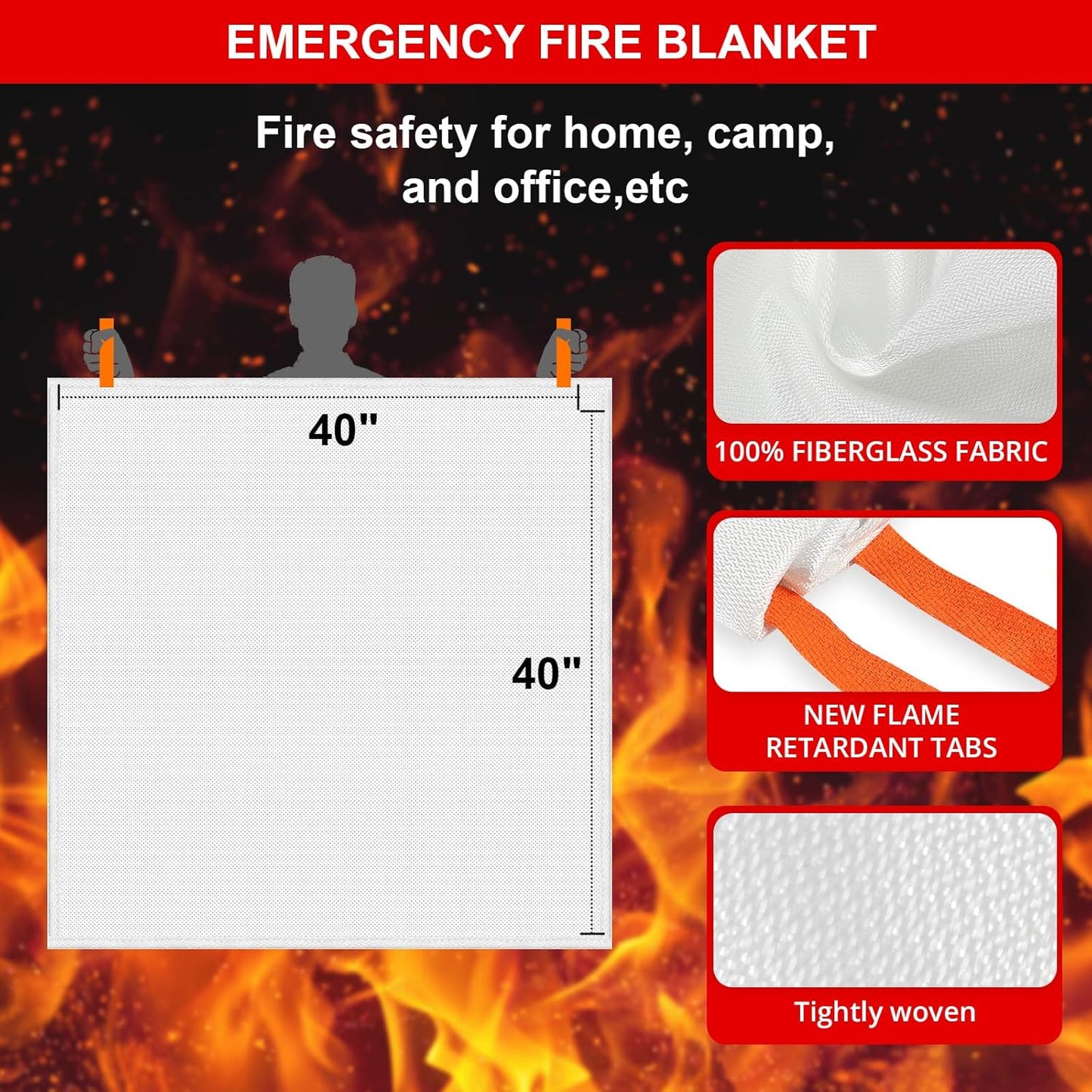 SecuCaptain Emergency Fire Blanket for Home and Kitchen - 40"x40" Flame Suppression Fiberglass Fire Blankets for House Camping Car Warehouse Office Emergency Survival Safety