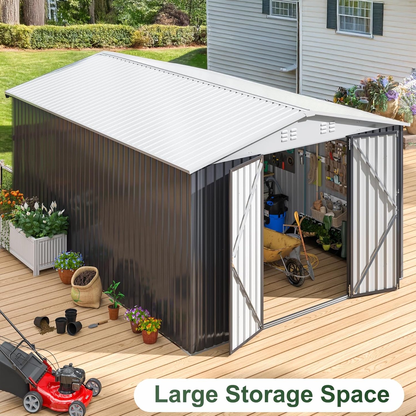 WKM 10x14 Outdoor Storage Shed, Garden Shed with Updated Frame Structure and Lockable Doors, Metal Tool Sheds for Backyard Garden Patio Lawn, White