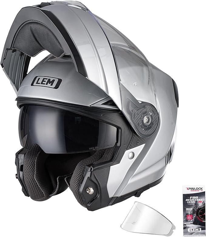 LEM Modular Motorcycle Helmets Fiberglass, Full Face Motorcycle Helmet Flip Up for Touring, DOT Certified, Release Sun Visor & Removable Comfort Liner, Lightweight Street Bike Helmet (Silver, M)