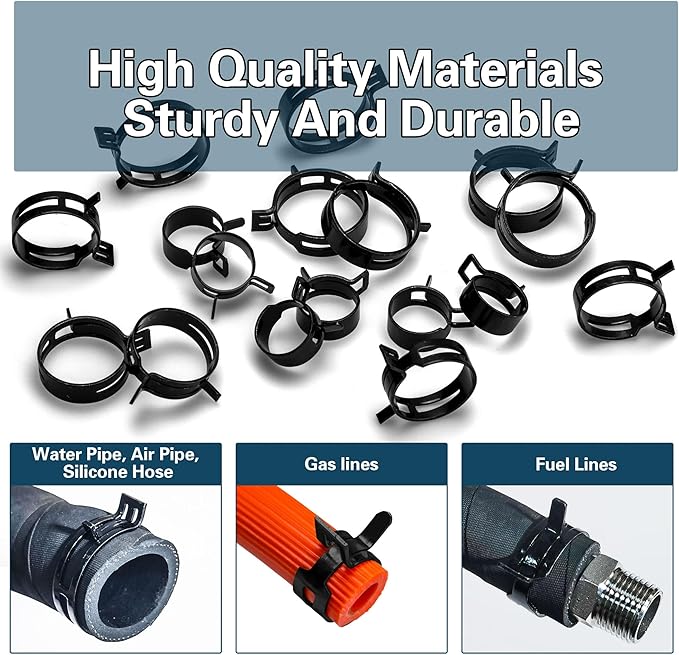 Automotive spring hose clamps 24-38 mm, 62 pcs fuel coolant pipe clamp tools in 8 sizes, used to fix hose interfaces in automotive, marine, gardening, and industrial applications