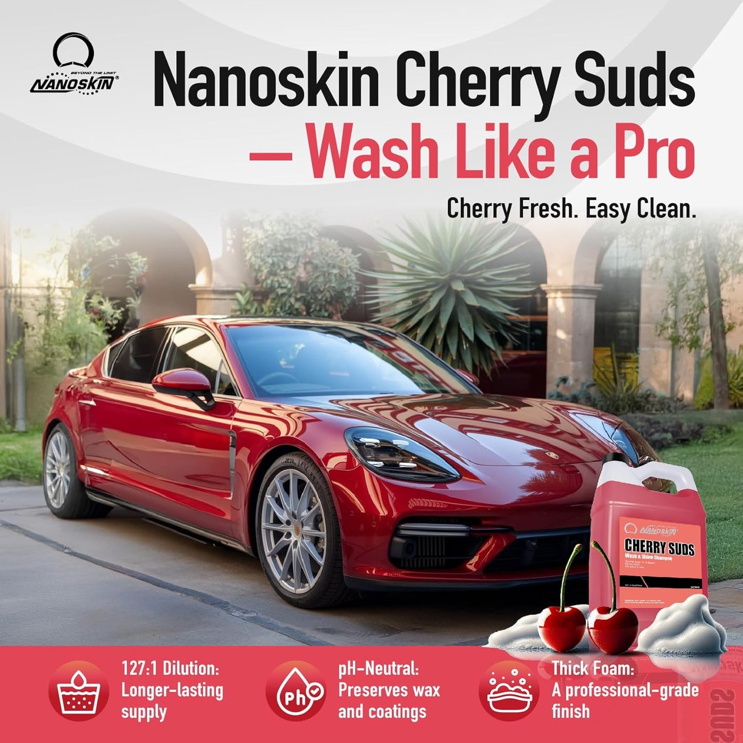 Nanoskin CHERRY SUDS Foaming Car Wash Shampoo 30 Gallons- Works with Foam Cannon, Foam Gun, Bucket Washes, Car Soap for Pressure Washer | Safe for Cars Trucks, Motorcycles, RVs & More | Cherry Scented