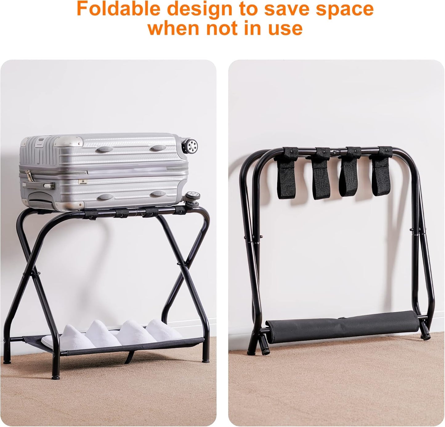 Heybly Luggage Rack, Pack of 2, Steel Folding Suitcase Stand with Storage Shelf for Bedroom, Hotel, Foldable Steel Frame, Guest Room Bedroom Hotel, 26.2" L x 14.4" W x 20.5" H, Black HLR004B2