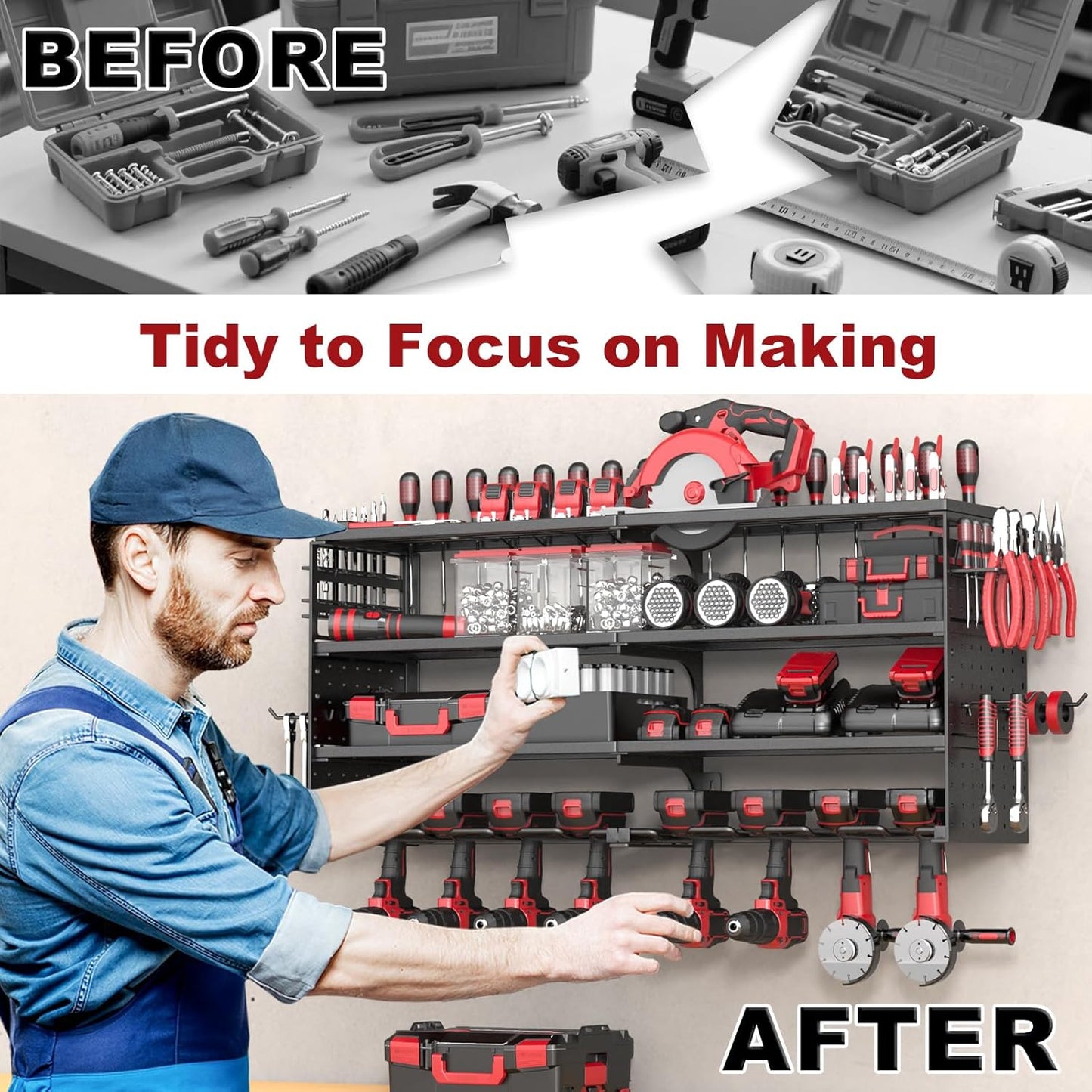 Power Tool Organizer Wall Mount, 4 Tier Tool Storage Rack with 8 Cordless Drill Holders, Heavy Duty Power Tool Shelf for Garage Organization Workshop