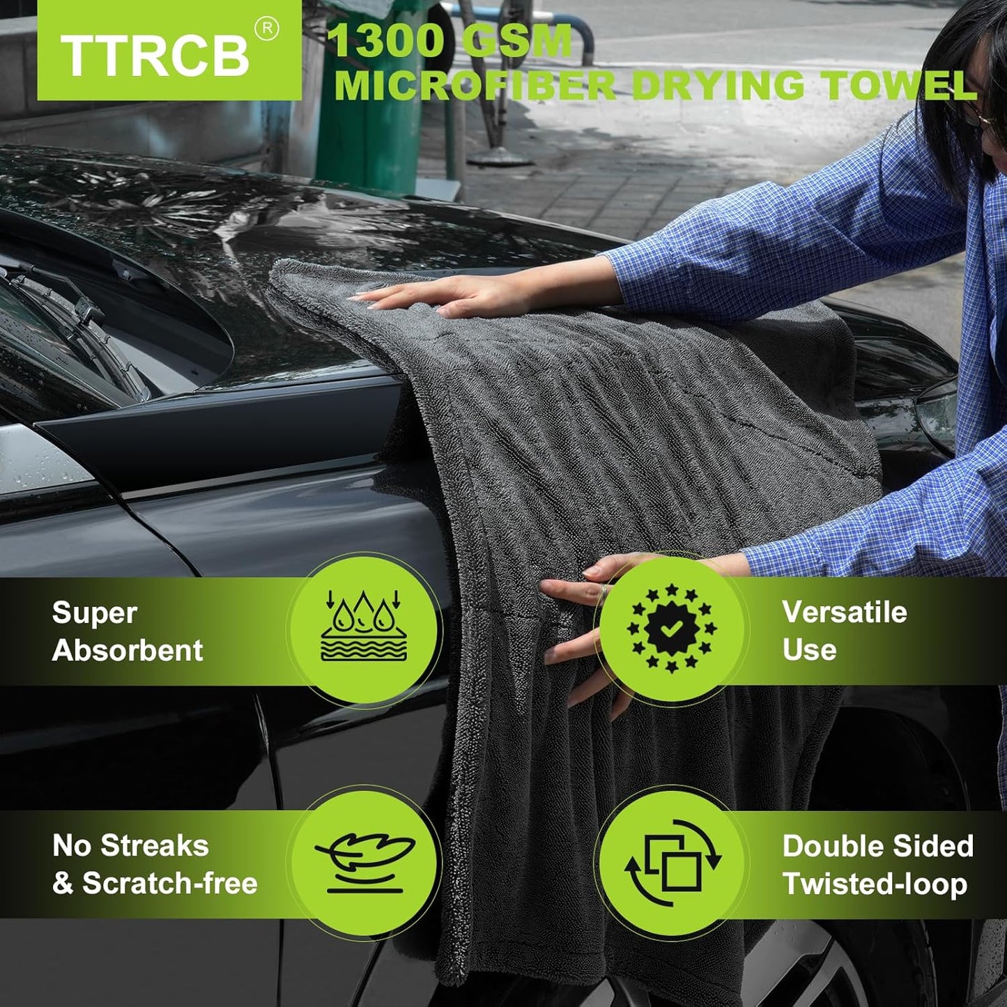 2 Pack 1300 GSM Car Drying Towel, Microfiber Towels for Cars - 36" x 24" & 16" x 16", Ultra-Absorbent, Streak Free, Premium Double Twisted-Loop Microfiber Cleaning Cloth with Car Wash Mitt