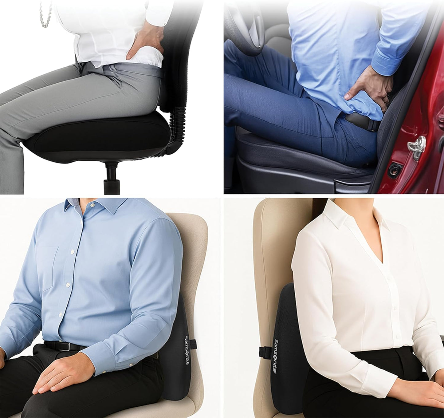 Samsonite Lumbar Support Pillow for Office Chair and Car Seat - Memory Foam Pillows Car Lumbar Support Brace, Lumbar Support Pillow for Car & Low Back Pain Relief, Black