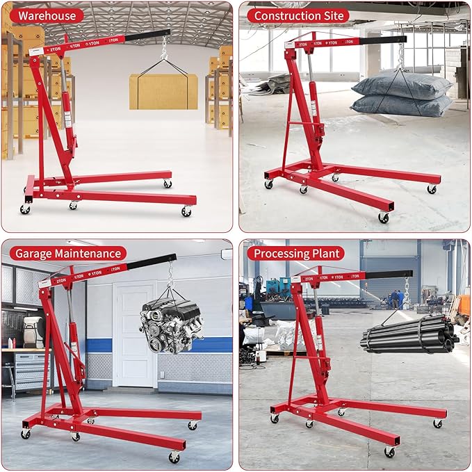 2-Ton Folding Engine Hoist Cherry Picker 4400 Lb Capacity Hydraulic Shop Crane with Telescoping Boom 6 Caster Wheels for Automotive Repair Garage Use Includes Hitch and Storage Stand Red