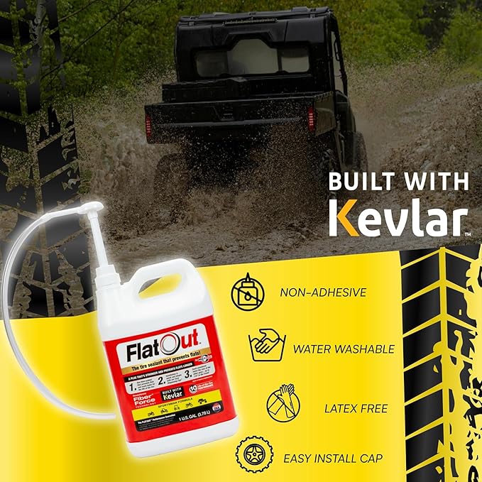 Flat Out Tire Sealant Sportsman Formula - Prevent Flat Tires - Seal Leaks - Sportsman Formula with Valve Core Tool - Contains Kevlar - Tubeless Tire Sealant - Fast-Acting Formula - 1 Gallon