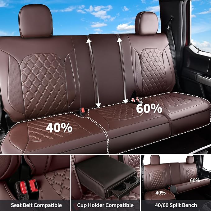Huidasource Ford Custom Seat Covers, Car Seat Cushion Cover Fit for 2015-2025 Ford F150 SuperCrew & 2017-2025 F250 F350 F450 Super Duty Crew Cab XL XLT Lariat King Ranch Platinum(Full Set/Coffee)