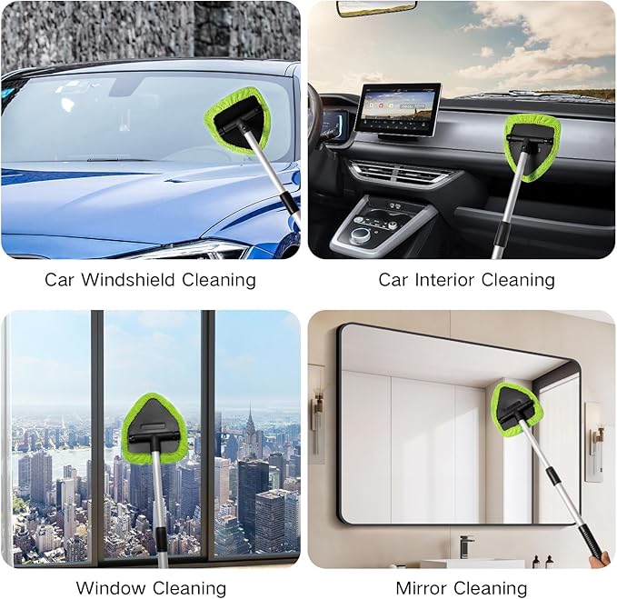 10pcs Windshield Cleaning Tool Inside Car Window Cleaner Wash Kit with 4 Reusable Microfiber Pads 1 Spray Bottle and Extendable Handle Interior Auto Glass Wiper Kit, Green