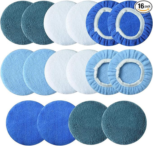 Boltigen 16pcs 5-6 inch Polishing Pad Bonnets 4 Colors Orbital Polishing Pad Microfiber Coral Fleece Bonnet Car Buffer Polisher Waxing Covers for Automobile Glass Cleaning and Polish