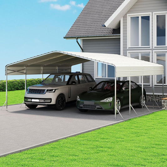 20x20' Heavy Duty Metal Carport – Sturdy Structure, All-Weather Protection, Easy Assembly for Cars, Trucks, Boats, Tractors, and Outdoor Storage (White, 20x20FT)