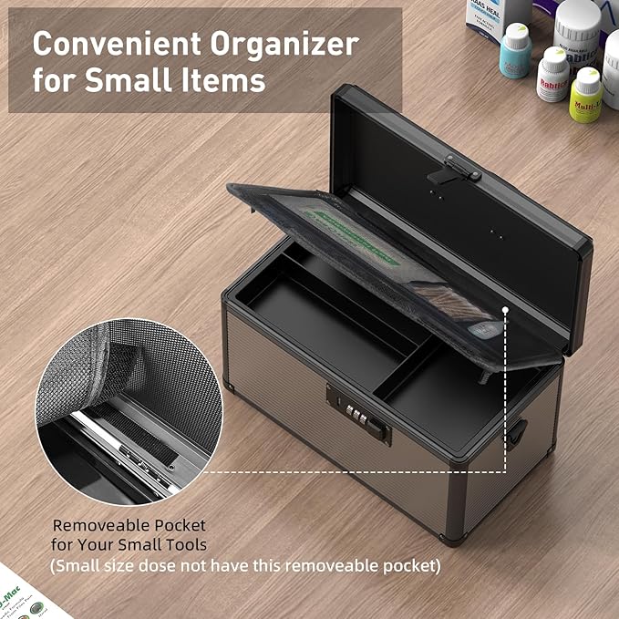 Medicine Lock Box with Code, Locking Medicine Box with Removable Tray & Pocket Bag, Portable First Aid Box for Home, 14 * 8.85 * 7.5 Inch (Black)