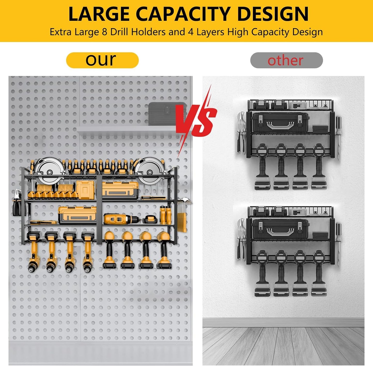 Power Tool Organizer Wall Mount：Heavy Duty Drill Holder Rack with 8 Slots, 4-Tier Metal Tool Shelf for Garage Storage, Workshop, DIY(32inch)