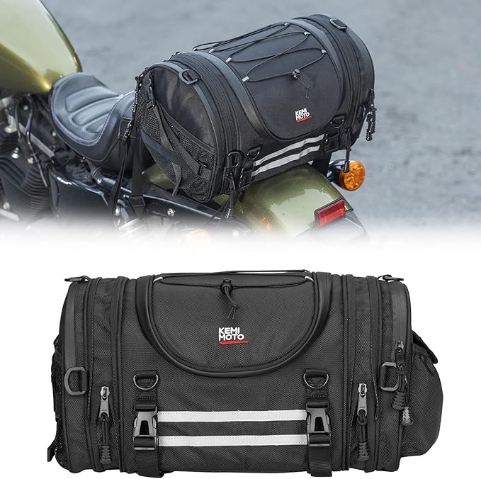 KEMIMOTO Motorcycle Motorcycle Tail Bags 18-20L Expandable Sissy Bar Bag Water-Resistant Rear Seat Roll Luggage Hard Shape with Rain Cover & 4 Straps