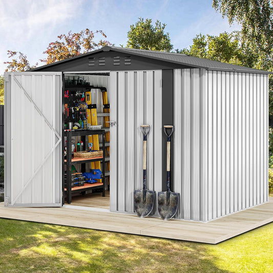 DWVO 8x6FT Outdoor Storage Shelter, Roomy Steel Tool Shed with Secure Entrances & Air Circulation for Patio, Lawn, and Backyard, Ideal for Storing Garden Gear, Lawn Tools, and Bikes, White