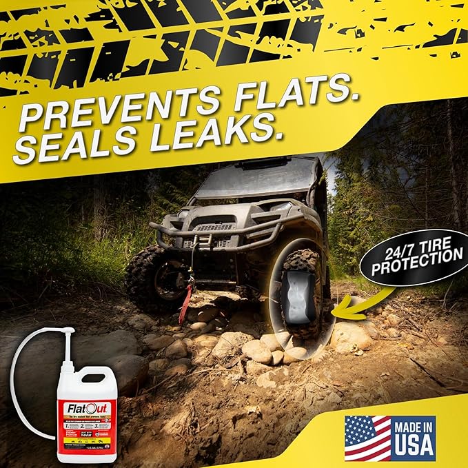 Flat Out Tire Sealant Sportsman Formula - Prevent Flat Tires - Seal Leaks - Sportsman Formula with Valve Core Tool - Contains Kevlar - Tubeless Tire Sealant - Fast-Acting Formula - 1 Gallon