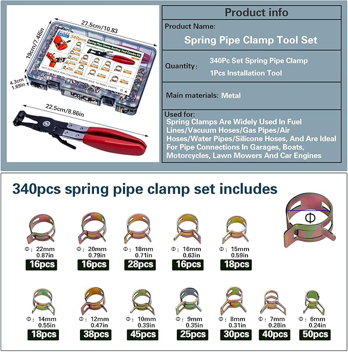 Spring Pipe Clamps340PCS, With Spring Pipe Clamp Tools, 12 Sizes 6-22mm Spring Hose Clamps, Used To Fix Hose Interfaces In Automotive, Marine, Gardening, Industrial Applications