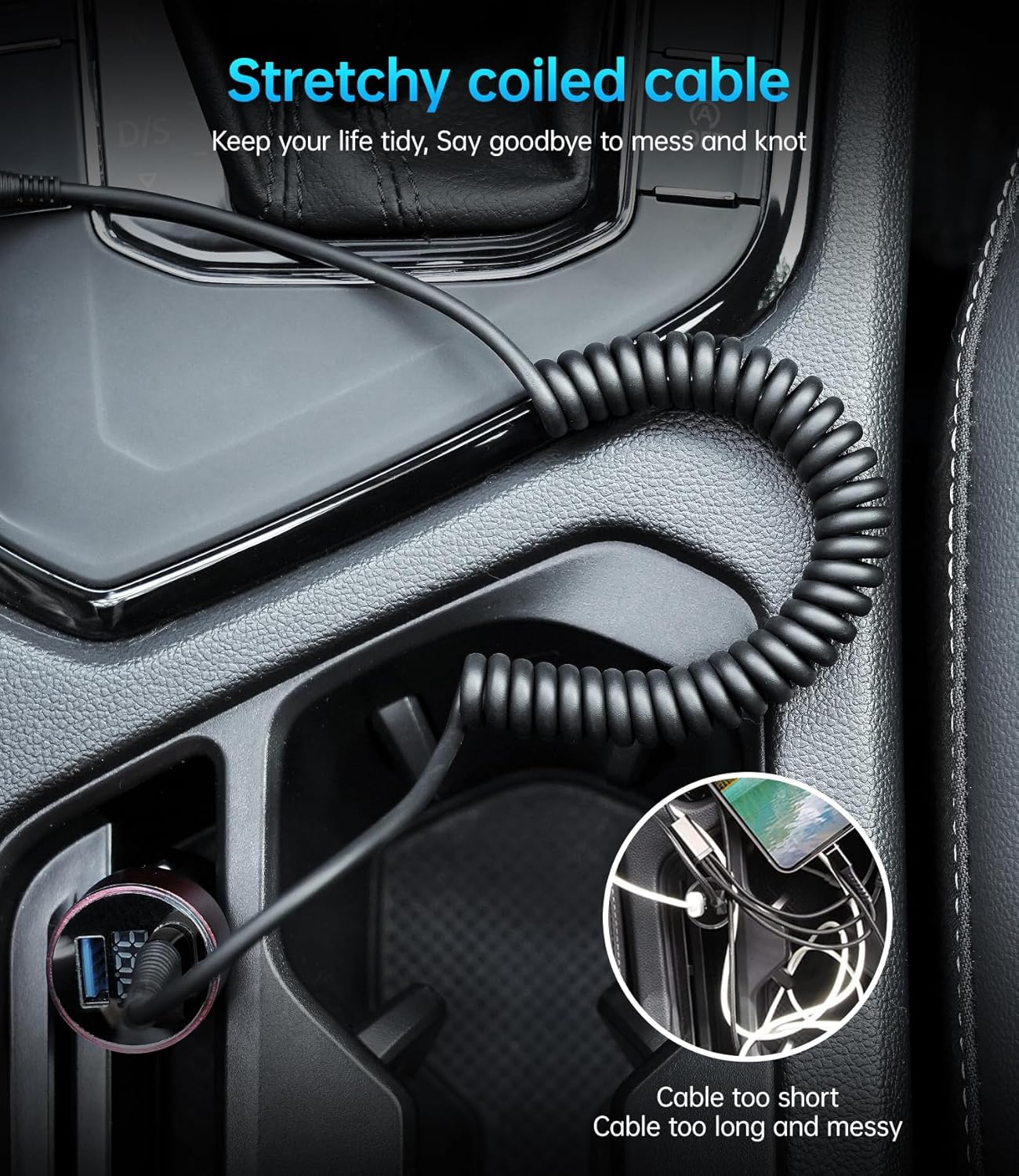 USB C to C Cable for Car 3FT&5FT, 100W Coiled USB C Fast Charging Cable for iPhone 16 Short USB Type C Cable for iPhone 15/Pro/Plus/Pro Max/Samsung Galaxy S23, Compatible All Type C Devices-Black