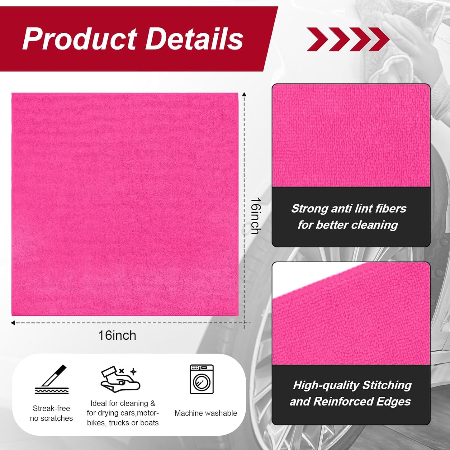 200 Pcs Microfiber Cleaning Cloth 16x16 Inch Microfiber Towels for Car Ultra Absorbent Cleaning Rags Reusable Lint Free Streak Free Detailing Towel for Car Washing Drying Dusting (Pink)