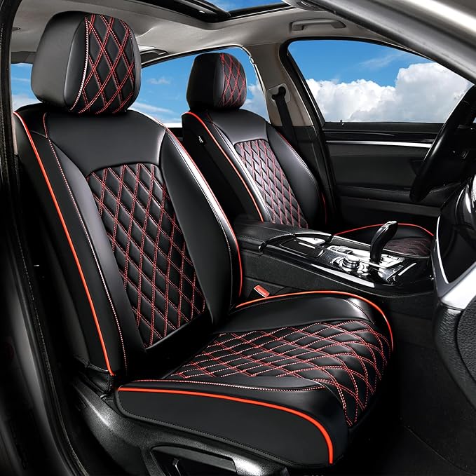 Huidasource Seat Covers, Nappa Leather Car Seat Covers, Velcro Adjustable, Compatible with Airbags, Armrests, Child Seat, Seat Belts, Fit for Most Cars, Vans, Trucks, SUVs (Full Set/Black&Red)