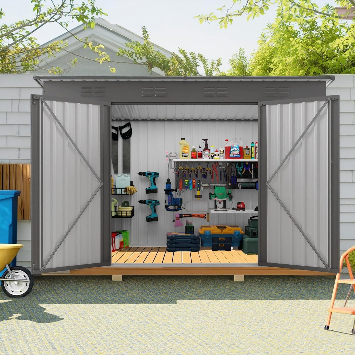 4 x 9 FT Metal Outdoor Storage Shed w/Lockable Door, Lean to Storage Sheds with Clear Window and Air Vents, All Weather Waterproof Garden Tool House for Backyard, Patio, Lawn, Gray