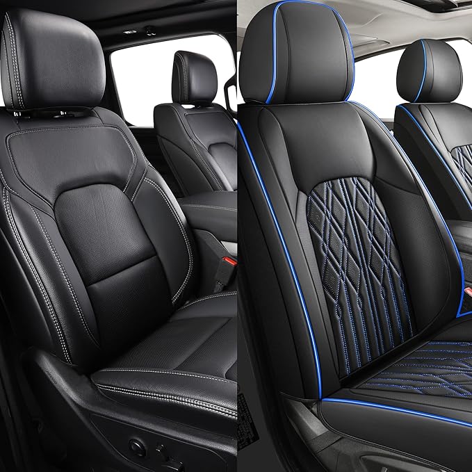 Huidasource Car Seat Covers Full Set, Leather Vehicle Cushion Covers, Universal Fit Most Car Sedan SUV Pickup Truck, Fit for Acura Honda City Nissan Altima Mazda Hyundai Audi (Full Set/Black&Blue)