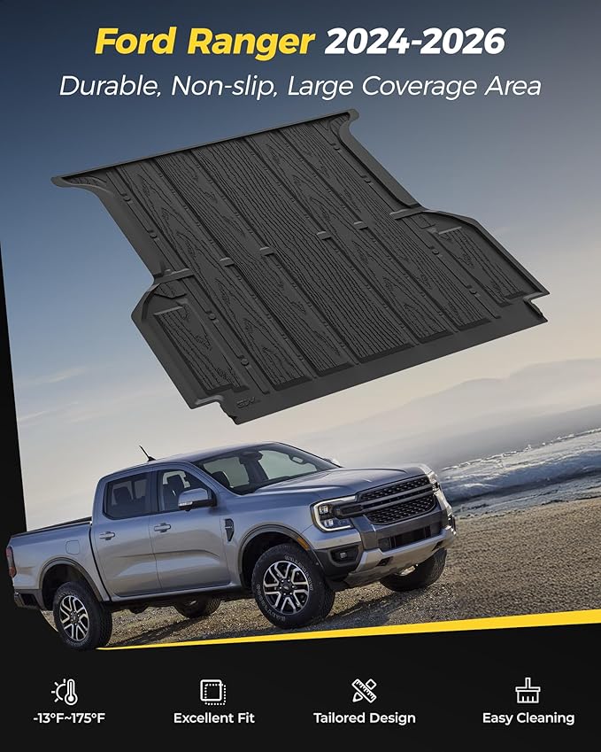 3W Truck Bed Mat for Ford Ranger (5FT, 59.6" Bed) 2025 2024 Vehicle Bed Mat, Vehicle Bed Mat Custom Fit Flush All Weather Protection TPE Pickup Car Bed Cargo Trunk Liner for Ranger