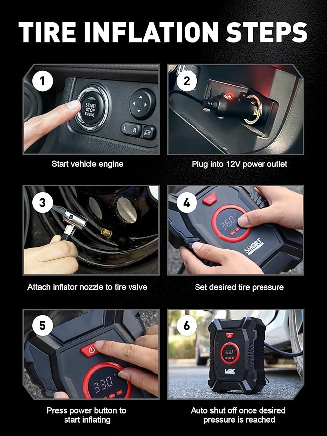 SMART JERRY - 12V Tire Inflator for Car | Digital Tire Inflator Portable Air Compressor for Truck | w/Auto Shut-Off & LED Light & Pressure Gauge | Max 100 PSI Compact Design