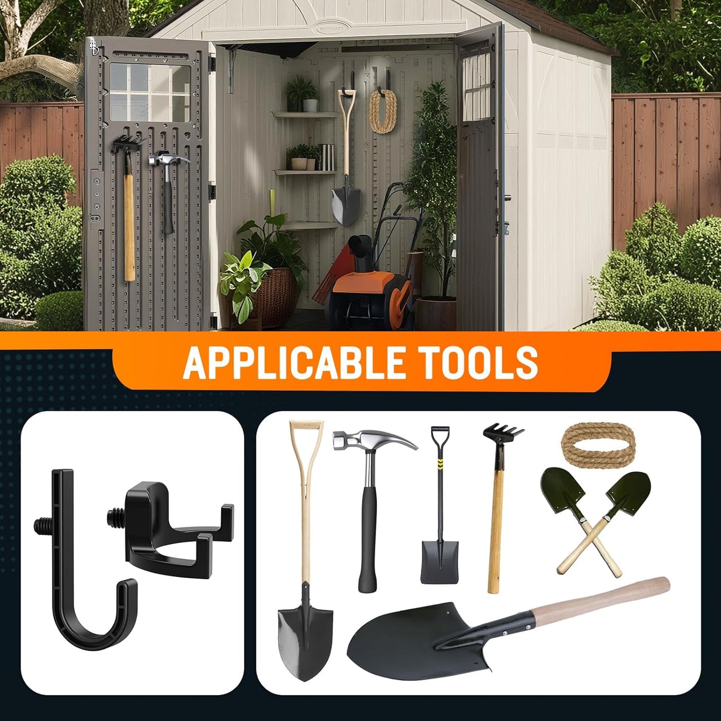 6Pcs Storage Shed Hooks Compatible with Suncast Shed, Black J and U Tool Hangers for Organizing Tool, Ladders, Bulk Items,Storage Shed Shelves Accessories