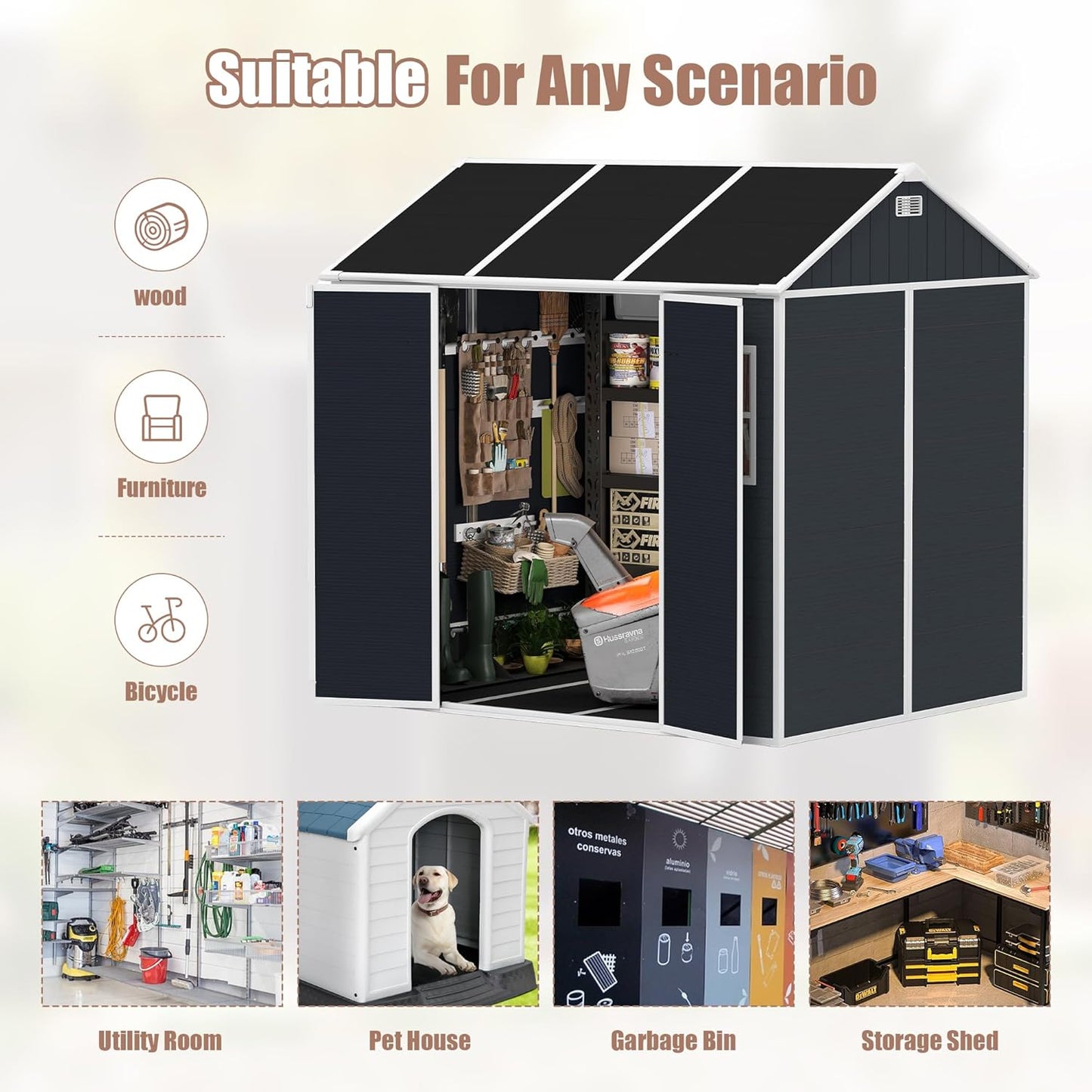 8x7 FT Outdoor Storage Resin Shed with Floor,Waterproof Plastic Garden Bike Shed with Lockable Door, Sloped Roof, Vents & Windows, Easy Assembly Tool Shed for Lawn, Backyard, Patio, Black