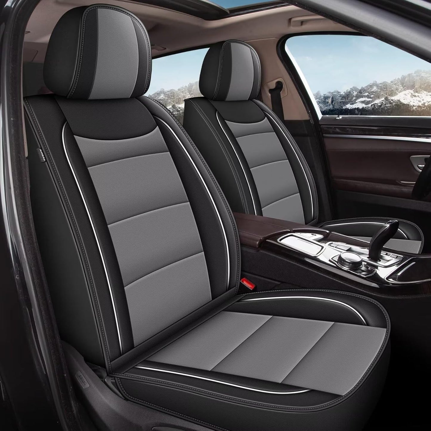 YORKNEIC 2 Front Seat Covers Fit for Hyundai Kona 2018-2024 2025: Leather Car Seat Covers - Waterproof Car Seat Protector Compatible Airbag (Black & Grey)