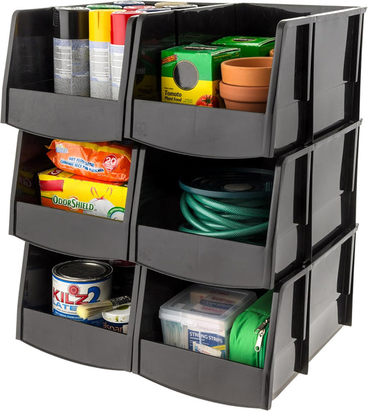 IRIS USA Stackable Storage Bins Open Front, 6 Pack, Plastic Hanging Organizer Caddy Basket for Hardware Crafts, Small Parts, Nuts and Bolts, Garage Tool Storage, Jumbo, Black