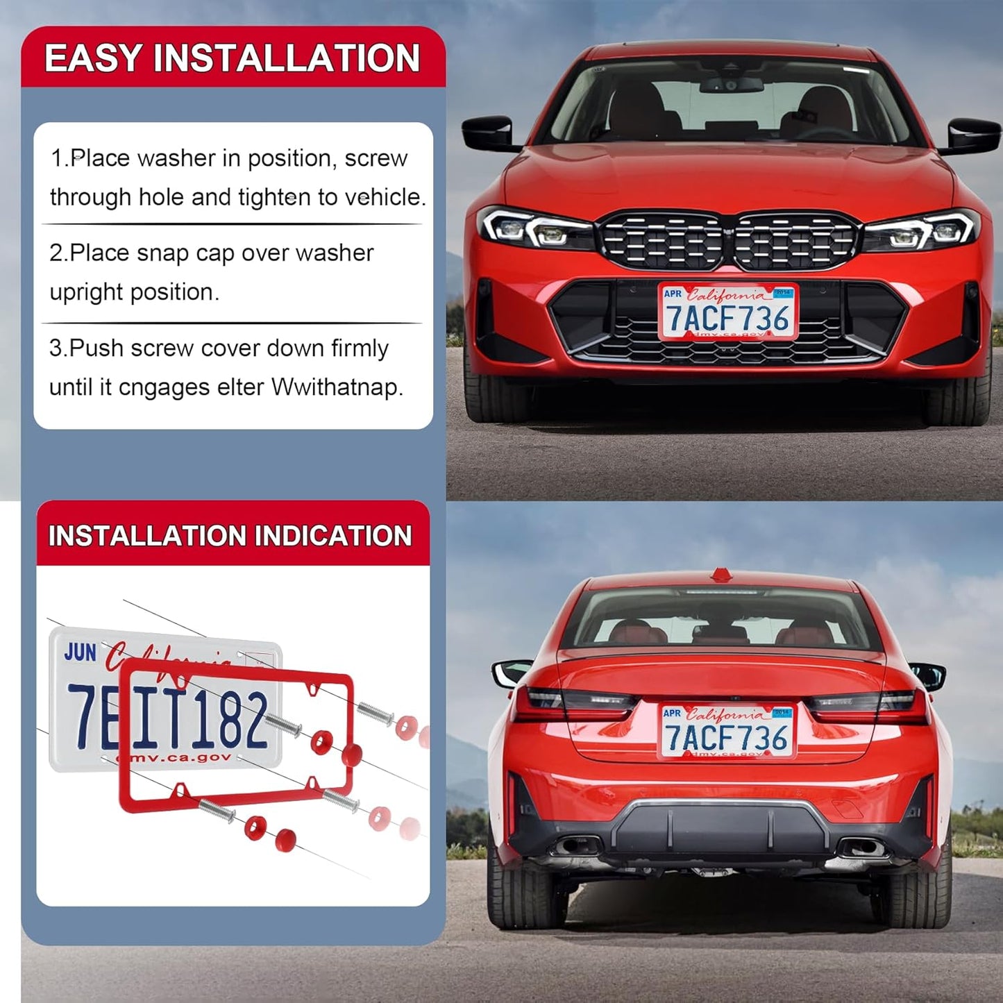 LivTee 4 Holes Stainless Steel License Plate Frames, 2 PCS Car Licence Plate Covers, Automotive Exterior Accessories Slim Design with Bolts Washer Caps for US Vehicles, Red