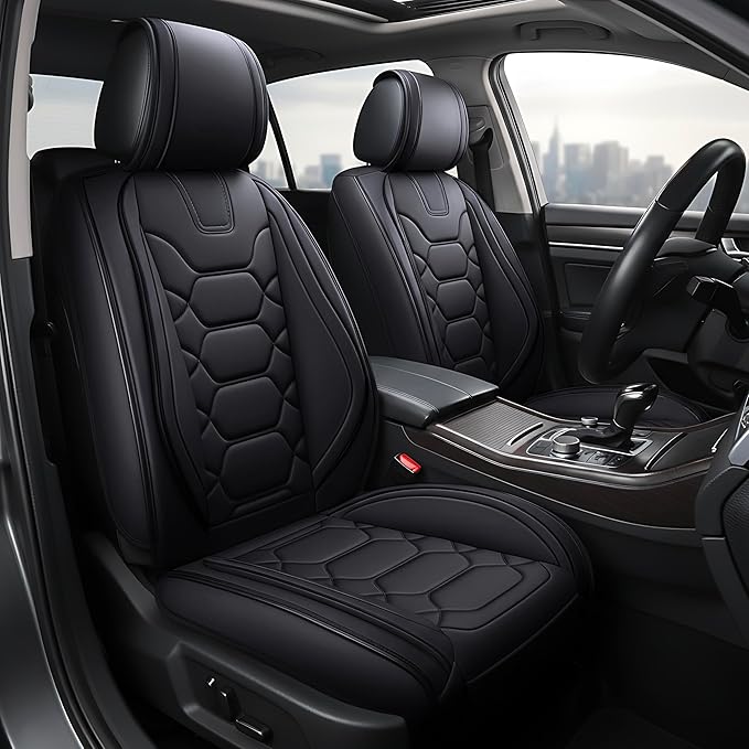 OASIS AUTO Car Seat Covers Front Seats, Waterproof Faux Leather Seat Covers for Cars Universal Fit for SUV, Truck, Sedan, Black Premium Car Seat Protector with Cushions (OS-004 Black)