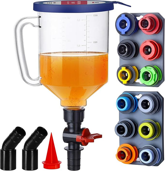 SMART JERRY - Spill-Proof Engine Oil Funnel Kit｜Oil Change Funnel w/ 12 Adapters & 2 Magnetic Adapter Organizer Boards｜Transparent Body w/Scale & Shut-Off Valve｜Universal Fit
