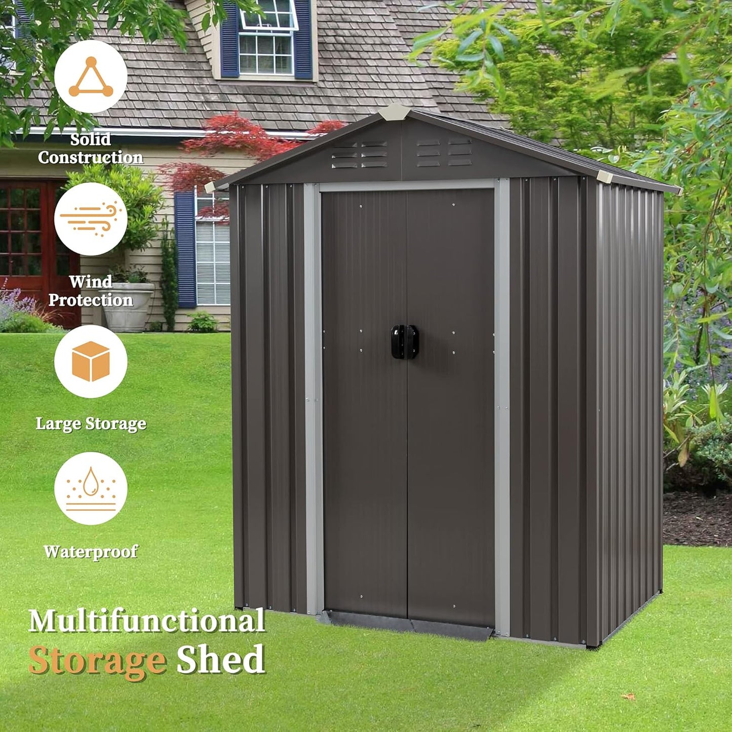 Vongrasig 5 x 3 x 6 FT Outdoor Storage Shed, Metal Tool Shed Clearance Garden Steel Shed with Side Window and Lockable Door Waterproof Tool Shed for Backyard Patio, Lawn (Gray)