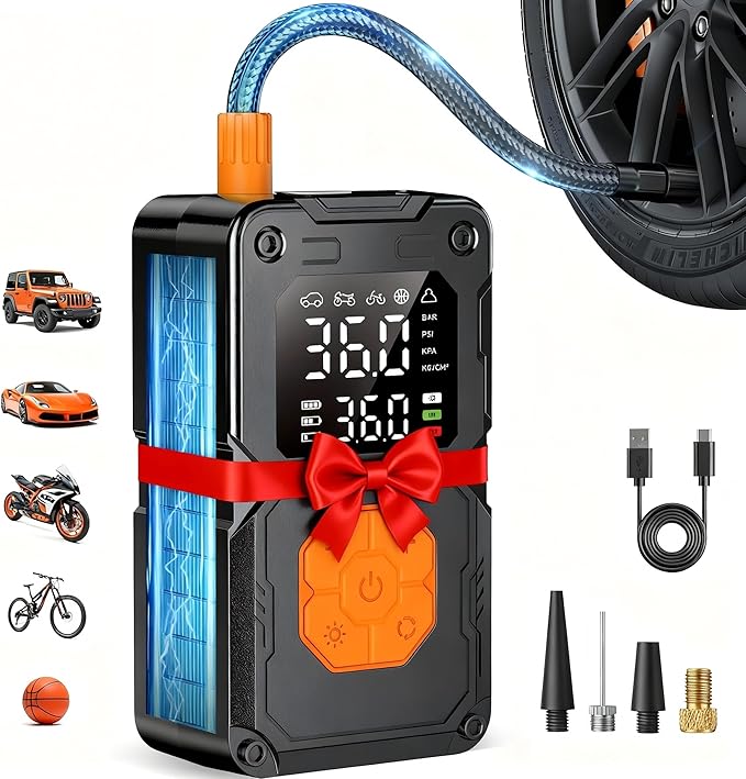 Cordless Portable Air Pump, 150PSI Fast Tire Inflator with Pressure Gauge & LED Light, Compact Air Compressor for Car, Bike, Motorcycle, and Balls (auto)