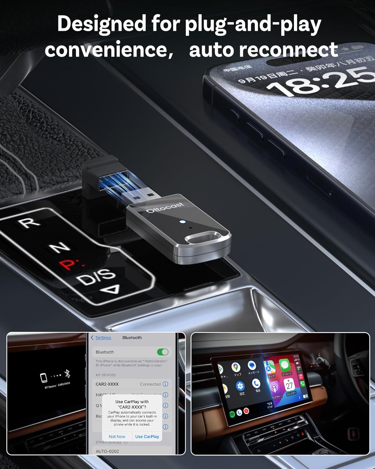 OTTOCAST Mini 2025 Wireless Carplay Adapter & Android Auto Wireless Adapter for Apple iPhone Samsung Android Phone 2-in-1, USB Car Accessories with 5 GHz Wi‑Fi Bluetooth 5.0 Voice Control Plug & Play