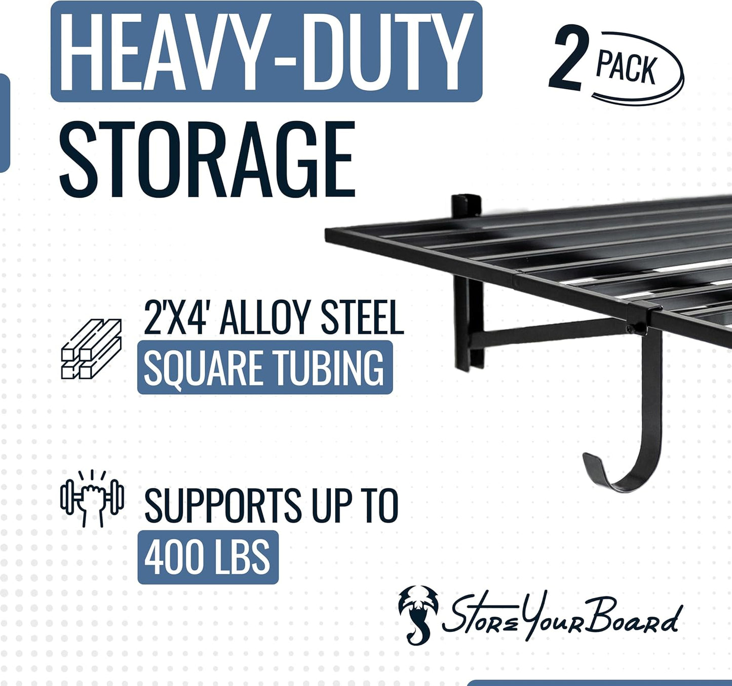 StoreYourBoard 2-Pack Heavy Duty Wall Shelves – Wall-Mounted Garage Storage Shelving and Organization for Sheds, Closets, or Utility Rooms – Holds 200 lbs, 2ft x 4ft, Black