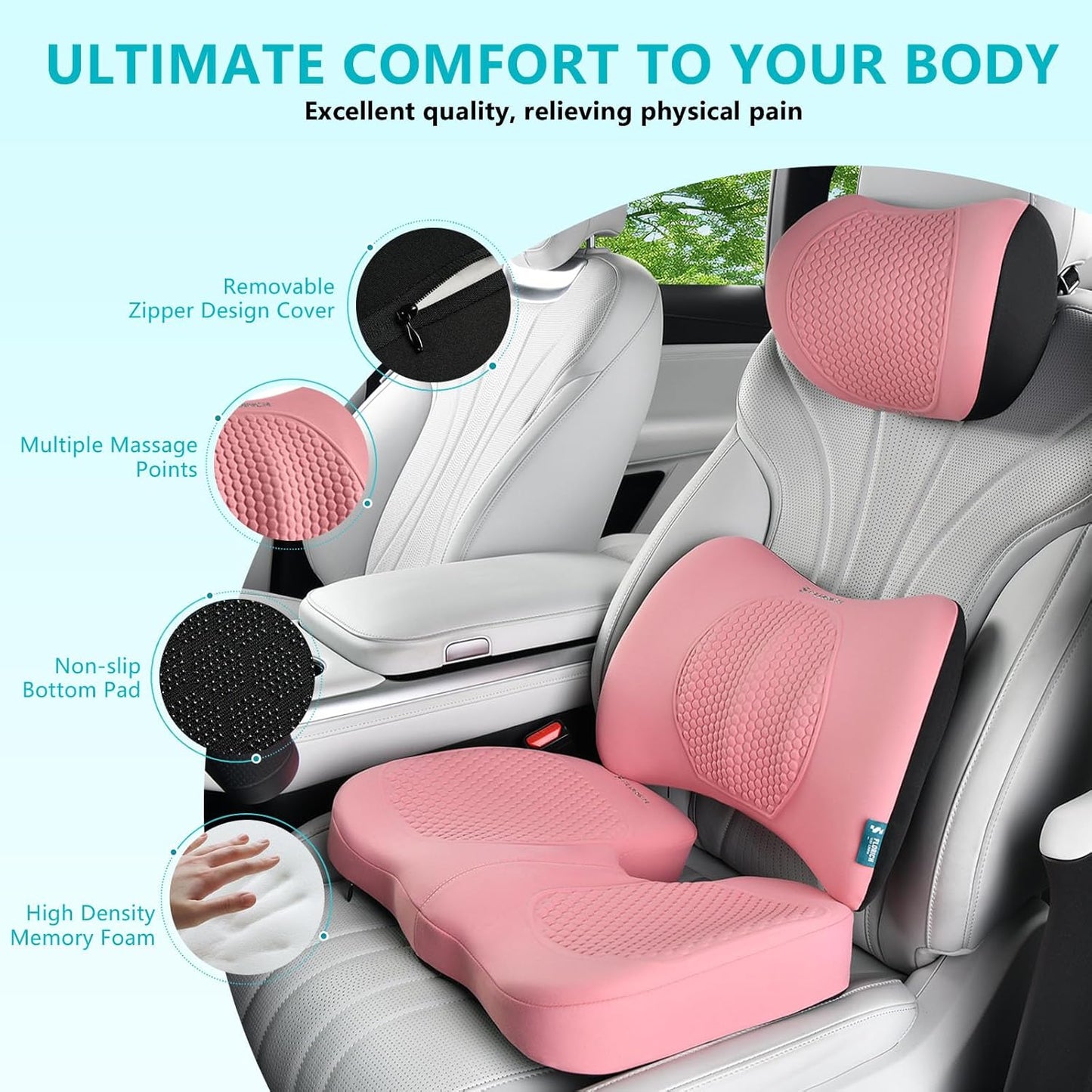 FLORICH 3 PCS Seat Cushion for Carseat Lumbar Support Pillow Car Neck Headrest Pillows Memory Foam Seat Pads Pressure Relief Back Cushion for Office Chair(Pink)