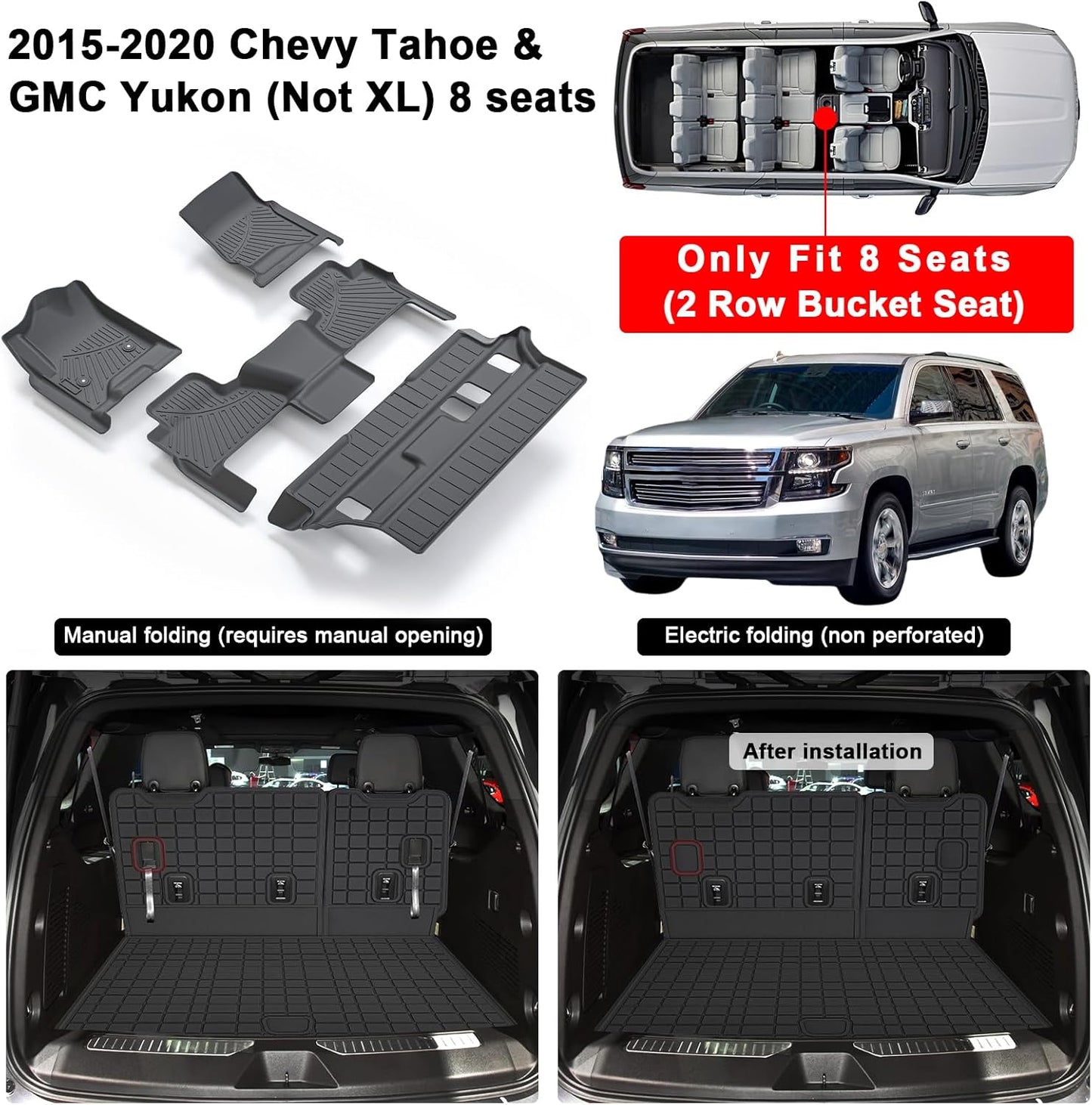 Floor Mats & Trunk Mat for Chevrolet Tahoe 2015-2020 Row Bucket Seat(7 Seats Version) &GMC Yukon（Not Fit XL,TPE All Weather Protection Car Floor Liners for Chevy Tahoe