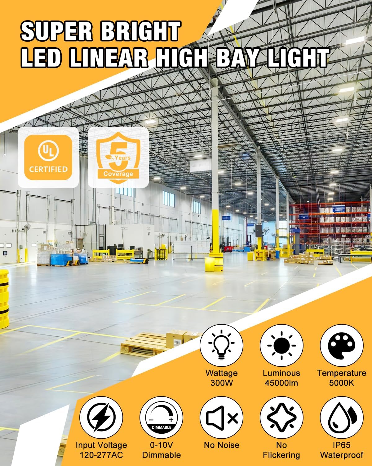 300W LED Linear High Bay Light, 45000LM Shop Light Commercial 120-277V, 5000K High Bay LED Shop Lights for Warehouse, Garage, Factory, UL Listed, 5 Years Warranty
