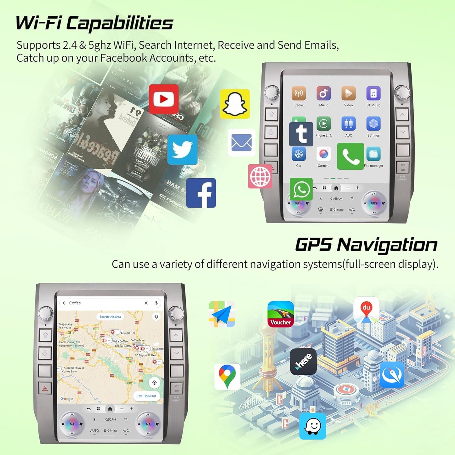 Android Car Radio Stereo for Toyota Tundra 2014-2020 with Wireless Carplay&Android Auto,12.1″ HD Touch Screen T-Style Head Unit 3+32G Car Multimedia Player Replacement WiFi,GPS,Bluetooth,SWC