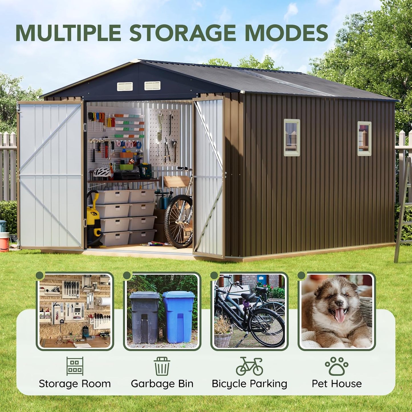 10x12 FT Outdoor Metal Storage Shed, Double Swing Doors, 2 Clear Windows, Replaceable Skylight Roof Panel, Tool Shed for Garden, Patio, Backyard Brown