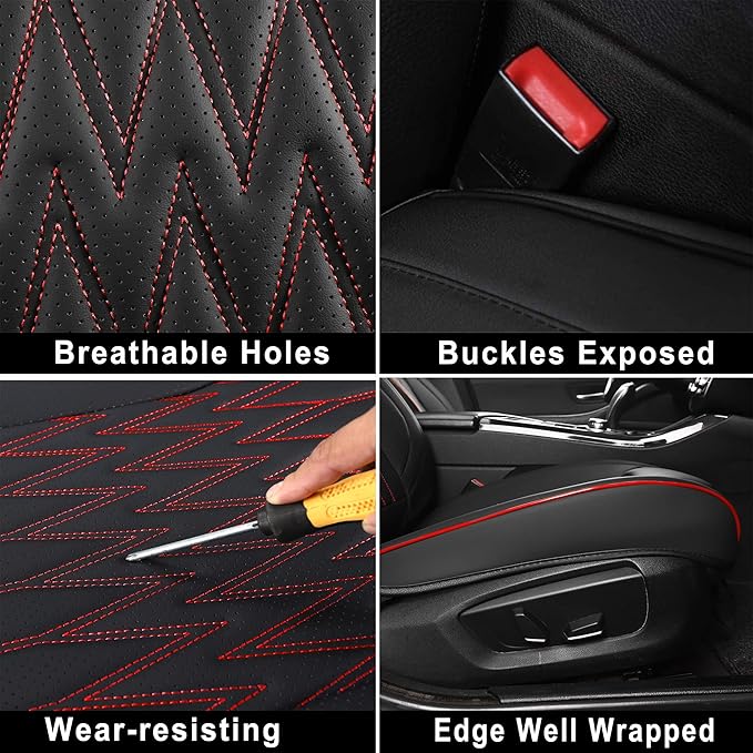 Huidasource Car Seat Covers, Waterproof Leather Vehicle Cushion Covers, Universal Fit Most Car Sedan SUV Pickup Truck, Fit for Jeep Acura Honda Civic Nissan Mazda Dodge Buick (Full Set/Black&Red)
