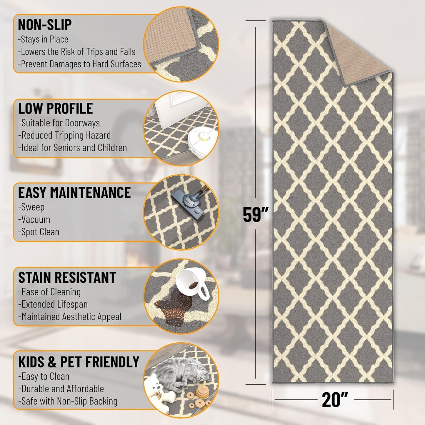 Ottomanson Hallway Runner Rug 20" x 59" Non Slip Trellis Area Rugs Easy to Clean Laundry Rug Runner Durable & Pet Friendly Floor Carpet Runners for Hallways Entryway Living Room Kitchen, Gray