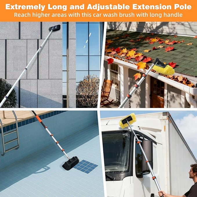 12FT/144inch Car Wash Brush with Long Handle Water Fed Telescopic Pole with Angle Adapter 12" Soft and Hard Bristle Cleaning Tool for Car Truck RV House Floor Window Glass Roof Pool