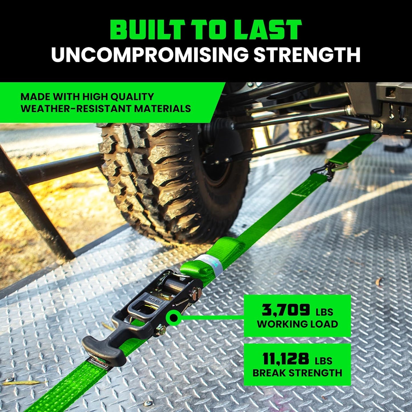 Rhino USA Car Tie Down Straps for Trailers with J Hooks (4-Pack) – 2" x8' (10,000lb Break Strength) – Heavy Duty Car Hauler Tire Straps with Axle Straps for UTV, Powersports & More – Green