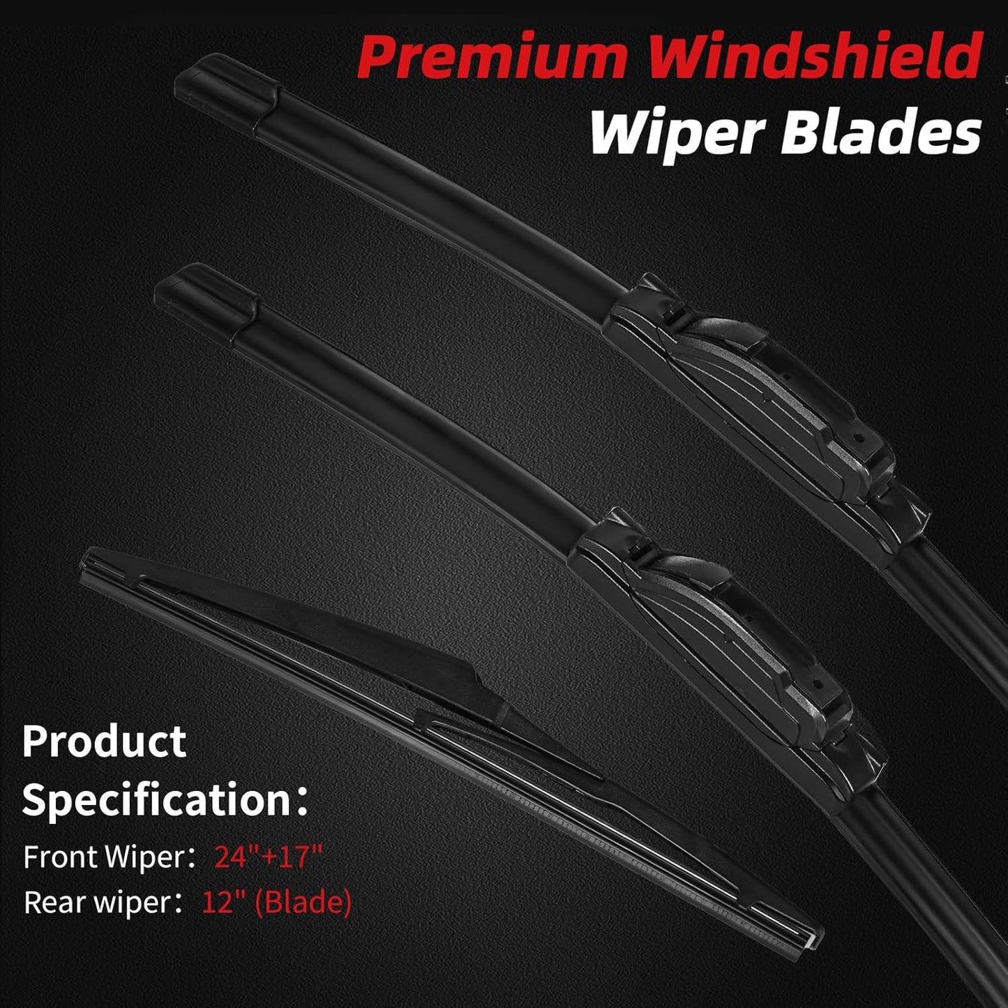 OTUAYAUTO Premium Windshield Wiper Blades - Replacement for Toyota RAV4 2006-2012 - Precision Fit, All-Weather Performance, Front and Rear Wiper Blades, U Hook - 24"+17"+12" (Pack of 3)
